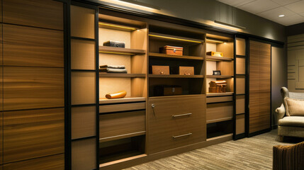 Modern Luxury Walk-In Closet with Wooden Shelving and Ambient Lighting in Contemporary Home Interior Design