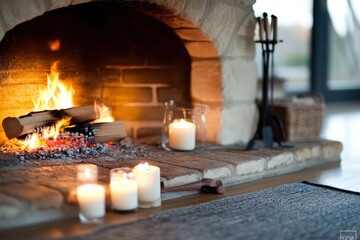 A fireplace with a brick mantle and a few candles on it