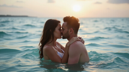 Fototapeta premium romantic couple kissing in sea water