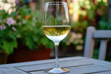 Obraz premium A single serving of white wine sits on a table, ready for consumption