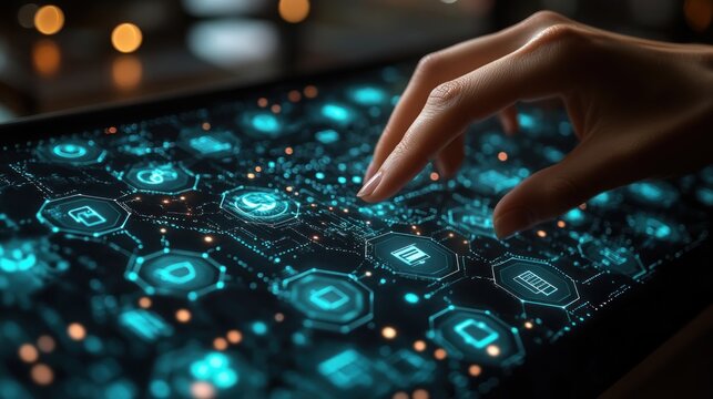 Hand interacting with digital interface showing various app icons. - Powered by Adobe