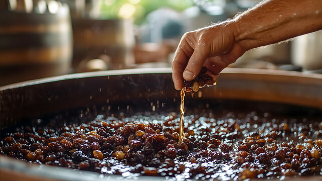 Brandy making process fresh raisins being juiced in fermentation vat worker stirring close up of workers hand documentary photography