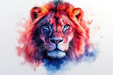 A watercolor painting of a majestic lion with bright blue eyes