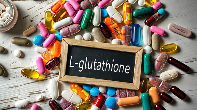 L-glutathione capsules supplements on the table. Selective focus. supplement