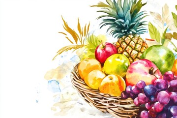 A colorful watercolor painting of a wicker basket filled with fresh fruits, perfect for use in food or lifestyle editorial content