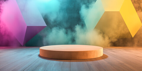 Luxury lifestyle product showcase on circular stage with peach velvet platform, geometric background in turquoise, yellow, and violet, ideal for vibrant promotional event, product launch, copy space