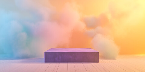 Luxury lifestyle product showcase on 3d stage with purple velvet, peach, yellow lighting, soft smoke accents, ideal for event or promotional use, marketing, copy space.