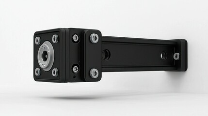 Black linear actuator isolated on white background.