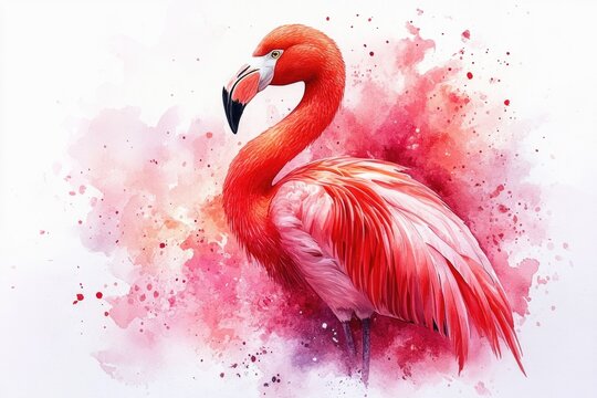 A beautiful watercolor painting of a pink flamingo in a serene environment