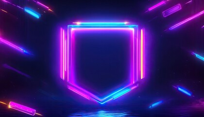 A vibrant neon shield design with glowing edges, set against a dark background, exuding a futuristic and dynamic aesthetic.