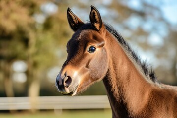 Obraz premium A young, lively brown foal stands gracefully amidst a bright, sunlit outdoor background, showcasing its sleek coat and alert posture in a serene meadow landscape.