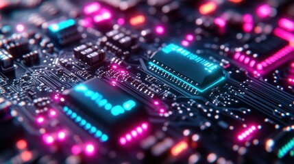 Fototapeta premium Close-up view of a circuit board with glowing components and intricate connections.