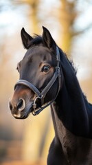 Obraz premium A stunning dark foal, adorned with a sleek halter, stands calmly in a tranquil and softly lit environment, exuding a sense of poise and serene stillness.