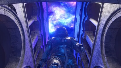 Astronaut in a futuristic spacesuit explores the weathered ruins of an ancient civilization, bathed in the ethereal glow of a colorful nebula, creating a scene of mystery and wonder © flashmovie