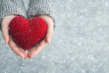 Fototapeta premium Hands Holding Red Heart Decoration in Snowy Winter Background
