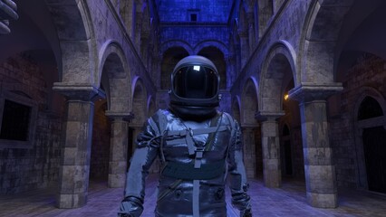Astronaut wearing a spacesuit explores an ancient stone building with arches, columns, and a mysterious blue glow, creating a captivating blend of past and future © flashmovie