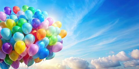 A joyous cluster of colorful balloons ascends against a vibrant blue sky, filled with fluffy white clouds.