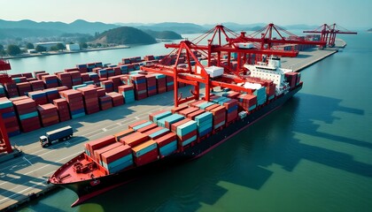 Cargo Ship Loading at Port, Shipping Containers, Maritime Trade