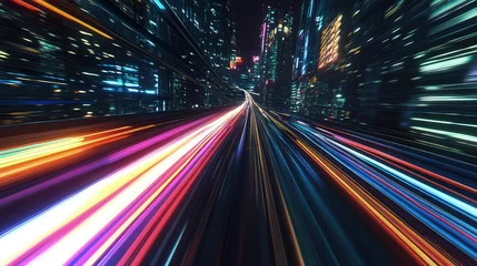 A futuristic elevated highway with multicolored light trails racing through the city at night. The intense motion blur gives a sense of speed and energy, symbolizing high-speed urban connectivity.
