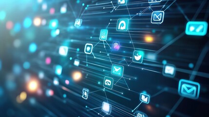 Digital network icons connect across a dark background, symbolizing global communication flow.