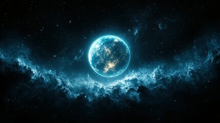 Fototapeta premium Blue planet in dark space with nebula clouds.