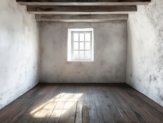 A room with a window and wooden floor. The room is empty. The window is open