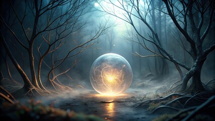 Mystical Orb Glowing in a Foggy, Winter Forest