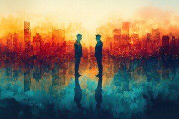 Two men stand in front of a vibrant city skyline, a perfect setting for business or social occasions