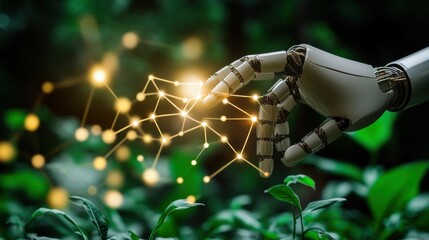 Futuristic robotic hand interacting with nature digital art green environment close-up