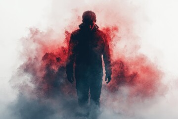 A person standing in front of a thick cloud of red smoke, potentially indicating danger or warning