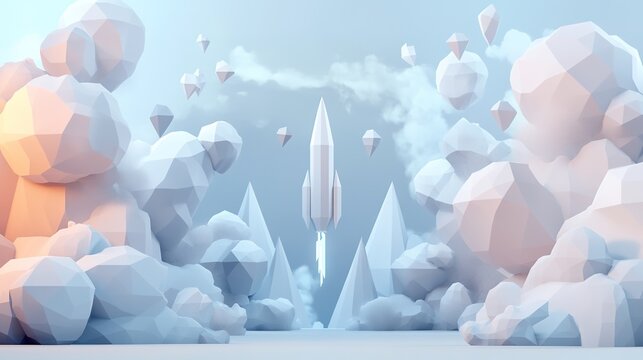 low-poly 3d rocket surrounded by abstract geometric clouds with ample negative space for text overlays