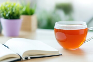 minimalist desk with open journal and cup of herbal tea emphasizing personal development and goal setting
