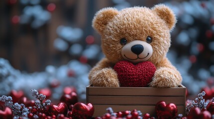 A fluffy brown teddy bear sitting with gift boxes and a red heart 