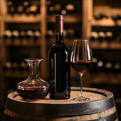 a bottle of red wine on a wooden barrel in a wine cellar There is also a decanter filled with red wine and a glass of red wine on the barrel The background is out of f