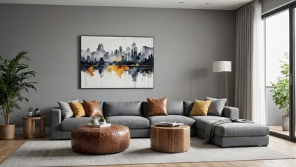 pouf and wooden table in modern living room with painting above grey corner couch
