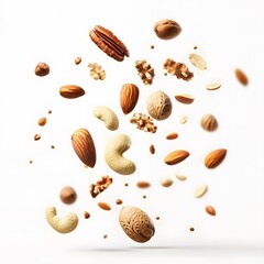 Mixed Nut Delight Various Healthy Nuts and Raisins Falling on a white Background. for Product Banners and Covers