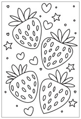 Strawberries in chocolate. Stars. Kawaii coloring book. Sweets. Coloring book. Black and white illustration.