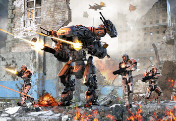 Dramatic scene of futuristic warfare, armored soldiers fighting with a robot