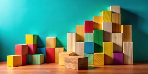 Obraz premium Colorful Wooden Blocks Arranged in Abstract Composition Against Teal Background