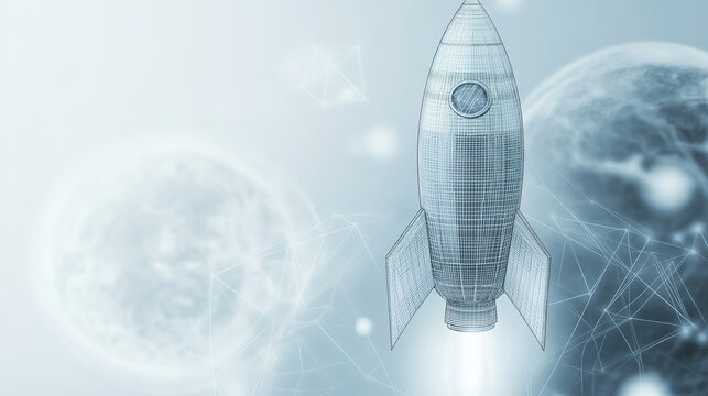 futuristic wireframe-style rocket illustration with softly blurred geometric planetary elements in background