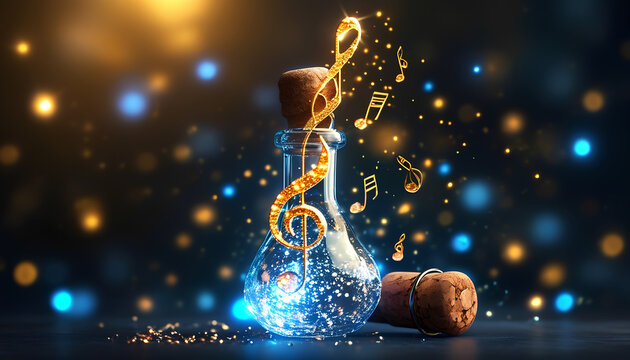a glass bottle with music notes and a gold trello