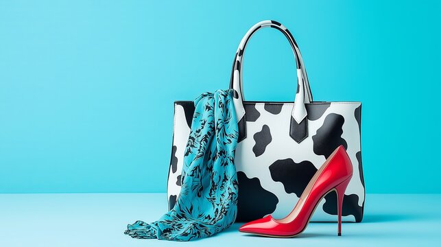 Stylish cow print handbag with red high heel and blue scarf on blue background