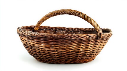 Obraz premium This is a photo of a rustic woven basket with a curved handle and two small handles on the sides