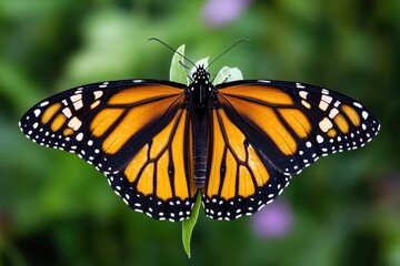 Naklejka premium Close-up of a monarch butterfly perched on a green leaf, ready to take flight