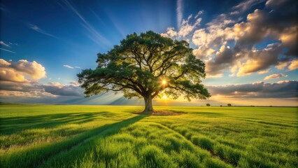 Obraz premium Serene Sunset Landscape Featuring a Majestic Oak Tree in a Verdant Field