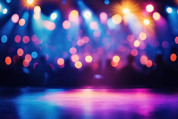 vibrant music concert stage glowing with dynamic lights and blurred silhouettes of audience in background