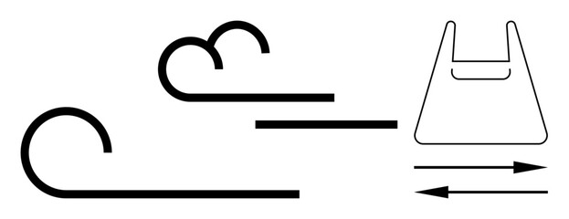 Curved lines suggest wind, straight lines indicate movement, plastic bag on right. Ideal for environmental awareness, pollution, sustainability, waste management, climate change, renewable energy