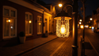 Illuminated street lamp with a beaded design casting a warm glow on a quiet night street