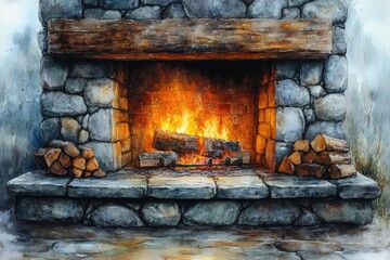 A warm fire crackling in a stone fireplace on a cozy winter evening, perfect for a romantic dinner or family gathering