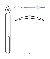Fountain pen next to pickaxe with dots, line, and checkmark symbols. Ideal for creativity, labor, balance, contrast, simplicity graphic design educational materials. Line metaphor